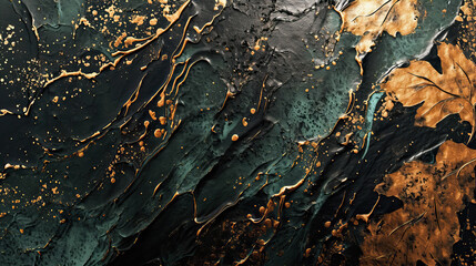 Texture of dark green paint with gold drops
