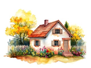 Watercolor drawing of little country village house with small garden and flowers around it, autumn time. AI generated.