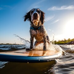 A joyful black and white dog cocker spaniel standing on a stand up paddle board floating in the sea or lake. Generative AI image.	