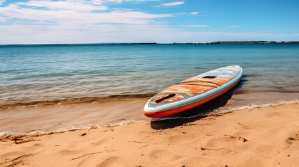 Seashore and sup board on sand landscape. Sandy beach on sunset. AI generated