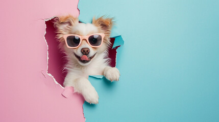 dog wearing sunglasses peeking out of a hole in pastel color, fluffy puppy jump out - obrazy, fototapety, plakaty
