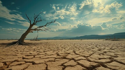 A desolate wasteland with cracked earth and dead trees, showcasing the harsh effects of drought and 