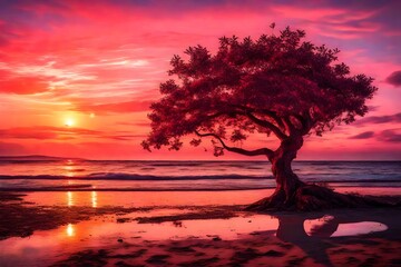 sunset over the sea and a tree on beach