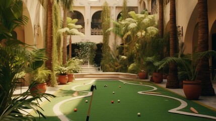 Obraz na płótnie Canvas Courtyard of a vintage hotel with a mini golf course Ai Generative