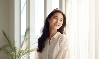 a young asian woman beauty smile wearing a white blouse is standing near a window