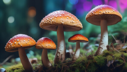 Mushroom in the forest with bokeh lights background. Generative AI