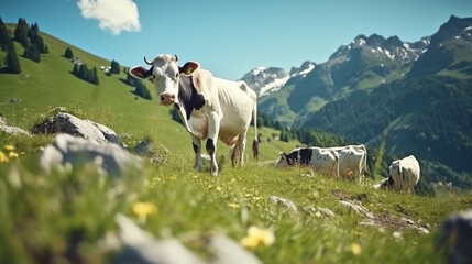 Obraz premium a woman herding cows in a green meadow high in the mountains. Ecologically clean area. Keeping cows. Rural farm