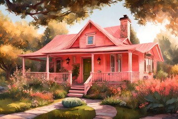 view of a small Western cottage with a coral-pink exterior, surrounded by a well-tended garden and a cozy porch bathed in warm sunlight