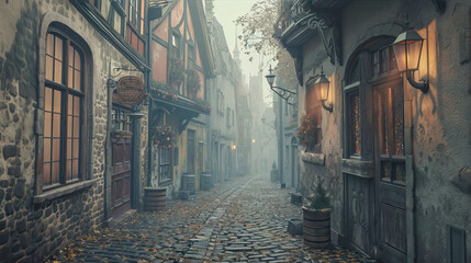Gloomy, rainy street with old houses
 - obrazy, fototapety, plakaty