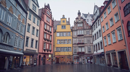 Fototapeta premium European street with old colorful four-story houses 