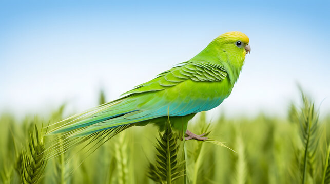 Des &eacute;pis de bl&eacute; vert jeune en gros plan, avec un ciel bleu clair en arri&egrave;re-plan.
