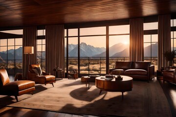 a cozy interior of a mid-range Western lodge, complete with a river rock fireplace, plaid upholstery, and panoramic windows framing a mountainous landscape 