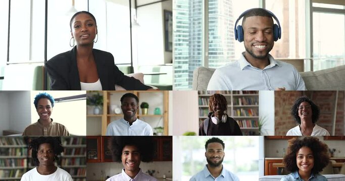 Blogging, social media icon, influencing, videoconference application usage for worldwide communication. Group of African people having on-line conversation smile look at camera, footages collage view