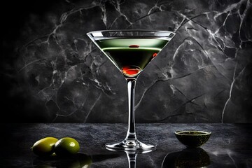 a martini, complete with a sleek chilled glass, a perfectly shaken mixture, and a single olive as a garnish, set against a polished granite surface