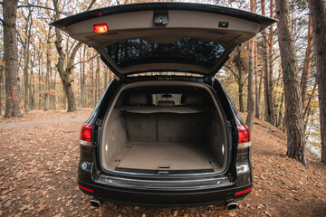 Photo of a black car from the back with an open trunk. The car in the middle of the forest. Collection of things for rest