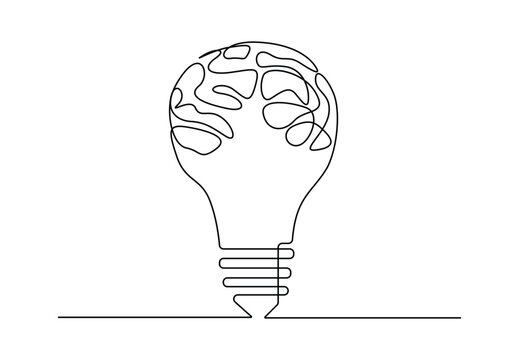 Continuous single line drawing of lightbulb with human brain for medical company logo identity. Vector illustration. Pro vector