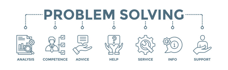 Problem solving banner web icon vector illustration concept with icon of analysis, competence, advice, help, service, info, and support