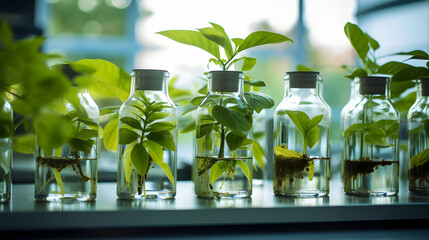 Des plantes dans des éprouvettes en verre dans un laboratoire. - obrazy, fototapety, plakaty