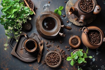 Caffeine Harmony: Indulge in the Harmonious Blend of Coffee Beans and an Espresso Cup, Captured in a Top View on a Rustic Table, Eliciting Aromatic Pleasure and Relaxation.