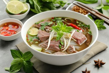 Beef Pho made of beef bones, stalks of celery, halved onion, cloves, star anise, cinnamon sticks, bay leaves, rice noodles, fish sauce, toasted rice flour, beef fillet thin slices, limes quarter