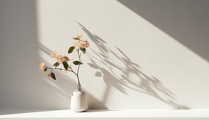 White empty room with vase for flowers, light background with shadows, sunlight Minimalistic