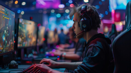 E Sports in Match,  pro gamer team with male, wearing headphones, playing esports game on computer, global online streaming  - obrazy, fototapety, plakaty