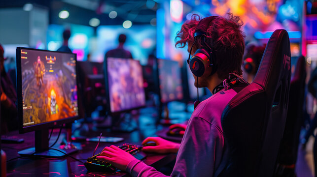 E Sports in Match,  pro gamer team with male, wearing headphones, playing esports game on computer, global online streaming 