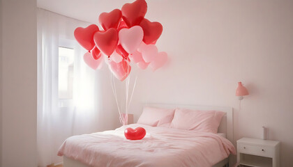 Pink heart shaped balloons on the bed in the bedroom. Valentine's day concept. Generative AI