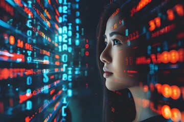 Woman with code analysis information technology.