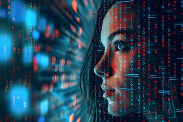 Woman with code analysis information technology.