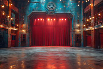 empty stage, lights on, and no one in the hall