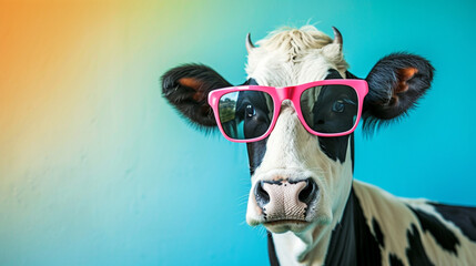 Funny cow with sunglasses in studio with a colorful and bright background. Curious Cow AI Generative - obrazy, fototapety, plakaty