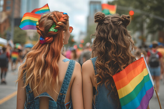 lgbt pride, girls walk hand in hand down the street with rainbow flags and kiss
