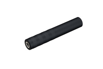 Black silencer for weapons. Suppressor that is at the end of an assault rifle. Isolate on a white back.