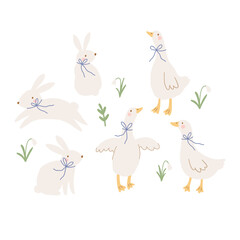 Spring cartoon collection with cute bunny and goose. Happy Easter print in flat style and pastel colors © NadezdaBarkova