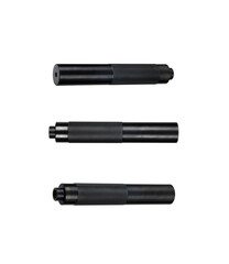 Black silencer for weapons. Suppressor that is at the end of an assault rifle. Isolate on a white...