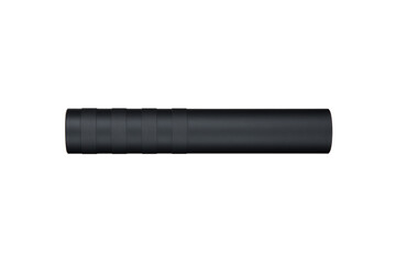 Black silencer for weapons. Suppressor that is at the end of an assault rifle. Isolate on a white...