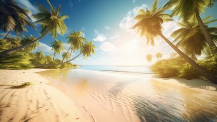 Fototapeta na wymiar eye catching tropical beach with palm tree scene for outdoor tourism