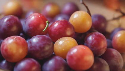Red and yellow grapes in a wooden bowl. Selective focus. Generative AI