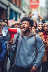 African male activist protesting via megaphone