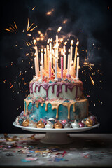 Large birthday cake decorated with lots of burning candles. Two tier holiday dessert at a party at night. AI-generated