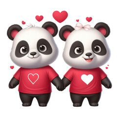 Loving panda couple with hearts, wearing red blank t-shirt isolated on transparent background. Mockup for design and template.