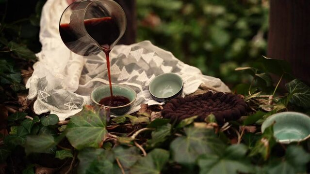 A relaxing ritual of making tea in the forest. Tea lovers brew it in the forest

