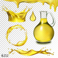 Vector set of oil or fuel splashes. 3D realistic food illustration. Transparent splashes of different shapes, oil in a jug isolated on a white background. Advertising and packaging design element - obrazy, fototapety, plakaty