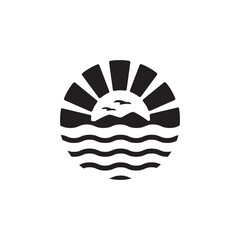 summer beach mountain sea ocean with birds and sun island logo design inspiration
