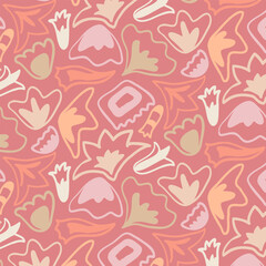 Seamless pattern of colorful desaturated floral collage on pink background. Modern delicate simple botanical design.