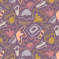 Repeat pattern of pastel floral collage on purple background. Contemporary abstract simple botanical design.