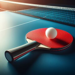 Closeup red table tennis racket and a white ball on the blue ping pong table - obrazy, fototapety, plakaty