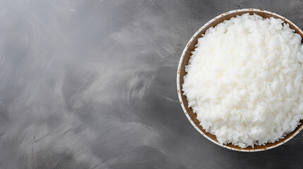 Bowl with boiled rice on grey background, top view. Space for text