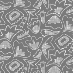 Gray lacy seamless pattern of bold hand drawn flower heads. Minimalist tropical floral design with burlap texture.